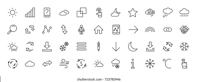 Set of weather vector line icons. Contains symbols of the sun, clouds, snowflakes, wind, rainbow, moon and much more. Editable move. 32x32 pixels.