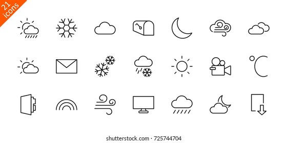 Set of weather vector line icons. Contains symbols of the sun, clouds, snowflakes, wind, rainbow, moon and much more. Editable stroke. 