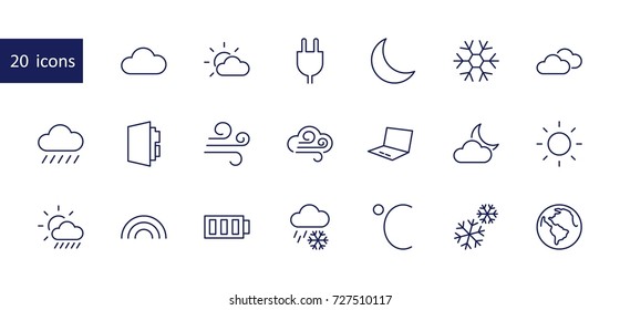 Set of weather vector line icons. Contains symbols of the sun, clouds, snowflakes, wind, rainbow, moon and much more. Editable move. 32x32 pixels.