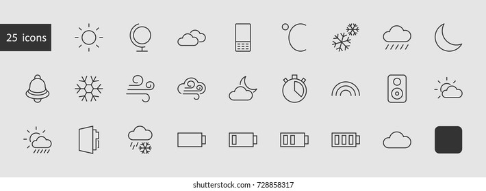 Set of weather vector line icons. Contains symbols of the sun, clouds, snowflakes, wind, rainbow, moon and much more. Editable move. 32x32 pixels.