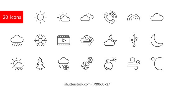 Set of weather vector line icons. Contains symbols of the sun, clouds, snowflakes, wind, rainbow, moon and much more. Editable move. 32x32 pixels.