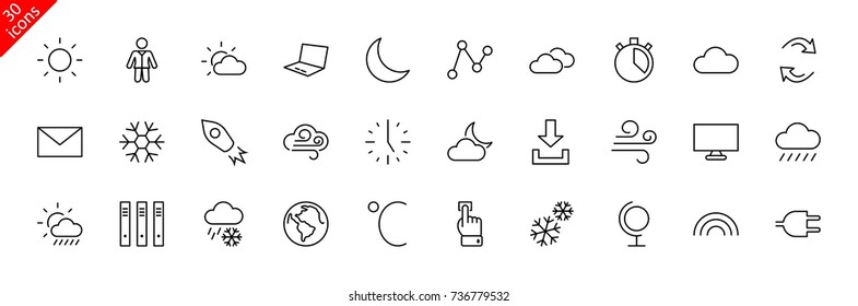 Set of weather vector line icons. Contains symbols of the sun, clouds, snowflakes, wind, rainbow, moon and much more. Editable move. 32x32 pixels.