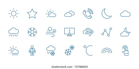Set of weather vector line icons. Contains symbols of the sun, clouds, snowflakes, wind, rainbow, moon and much more. Editable move. 32x32 pixels.