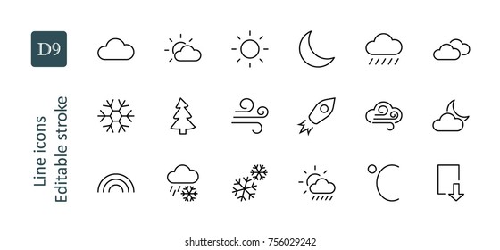 Set of weather vector line icons. Contains symbols of the sun, clouds, snowflakes, wind, rainbow, moon and much more. Editable move. 32x32 pixels.