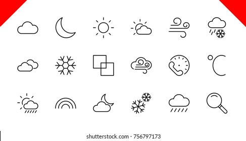 Set of weather vector line icons. Contains symbols of the sun, clouds, snowflakes, wind, rainbow, moon and much more. Editable move. 32x32 pixels.