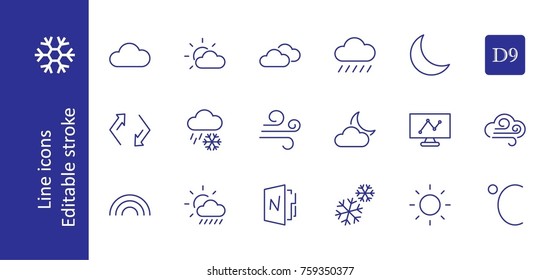 Set of weather vector line icons. Contains symbols of the sun, clouds, snowflakes, wind, rainbow, moon and much more. Editable move. 32x32 pixels.