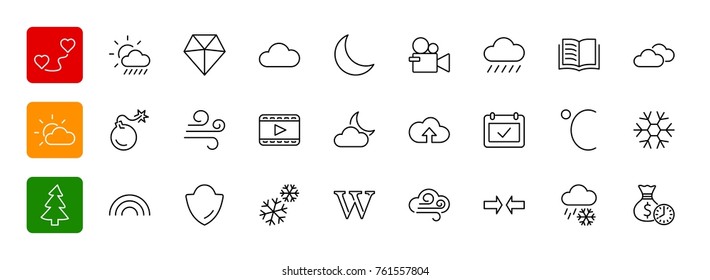 Set of weather vector line icons. Contains symbols of the sun, 