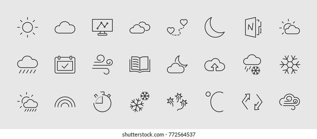 Set of weather vector line icons. Contains symbols of the sun, clouds, snowflakes, wind, rainbow, moon and much more. Editable move. 32x32 pixels.