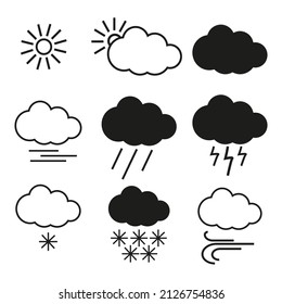 Set of weather vector symbol icons collection. Such as cloud, rain, snow, sun, forecast, water, storm. 
