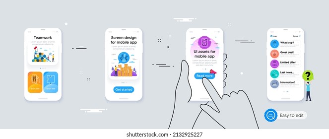 Set of Weather, Washing machine and Restaurant app line icons. Phone ui interface. Include Puzzle, Fireworks stars, Donation icons. Heart flame, Infographic graph, Coffee web elements. Vector