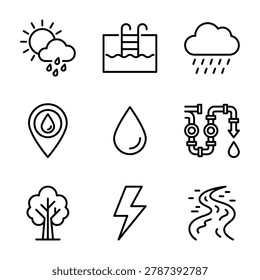 Set of weather and water infrastructure line icons for environmental design with plumbing lightning swimming location environment infrastructure