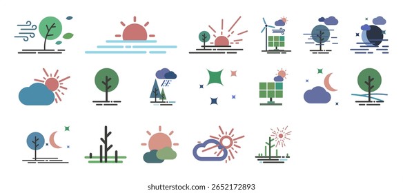 Set of weather webpage and app landscape icons vector illustration. Ecology, environment, plants and climate