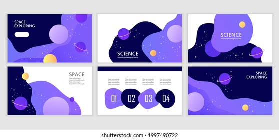 Conjunto de plantillas de banners web abstractos. Presentación. Diseño moderno degradado. Exploración espacial. Ilustración de vector de negocio. Púrpura. Ciencia. Banners horizontales. EPS 10	