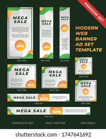 Set of web ad banner in complete sizes. Abstract green and orange background