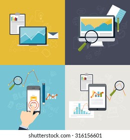 Set of web analytics information and development website statistic. Flat icons. Vector illustration.