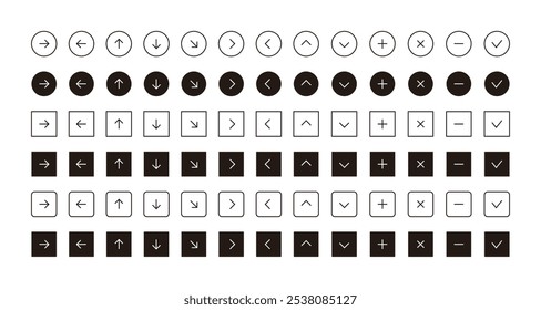 Conjunto de ícones de linha de aplicativo e Web com diferentes setas de direção, mais, excluir, menos, verificar, etc. em estilo simples e mínimo.