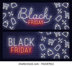 Legen Sie Web-Banner Black Friday. Neon unterschreiben. Webbanner, Logo, Emblem und Label. Neonschild, helles Schild, helles Banner.