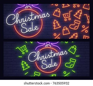 Set web banner Christmas sale. Neon sign. Web banner, logo, emblem and label. Neon sign, bright signboard, light banner.