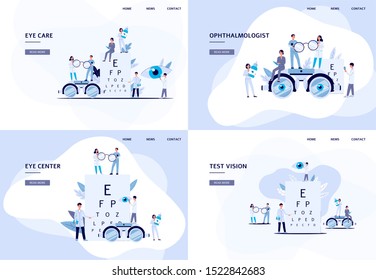 Set of web banner or landing page templates for ophthalmology medical service or clinic with tiny cartoon people characters. Flat trendy vector illustration.
