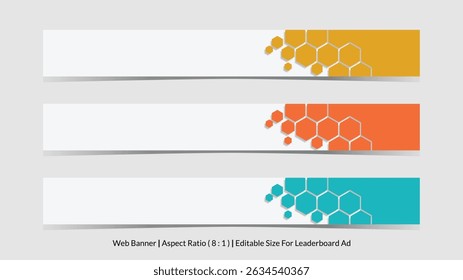 set of web banner for leaderboard ad with editable size and lined with abstract hexagonal vector illustrations