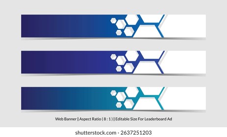 set of web banner for leaderboard ad with editable size and hexagonal gradient vector illustrations
