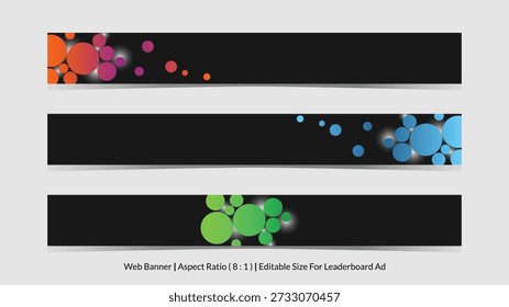 set of web banner for leaderboard ad with editable size and dark mode gradient vector illustrations