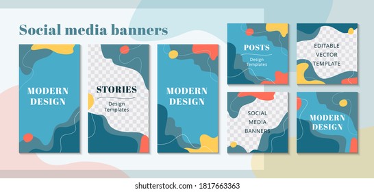 Set of web banner for social media mobile apps, stylish design in blue colors. Background for social media posts, story and photos. Editable templates with space for text. Flat vector Illustration