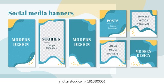 Set of web banner for social media mobile apps, stylish design in blue colors. Background for social media posts, story and photos. Editable templates with space for text. Flat vector Illustration