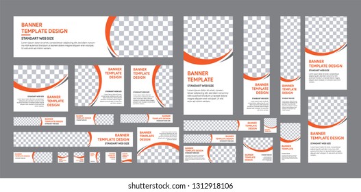 Set of web banner of standard size with a place for photos. Vertical, horizontal and square template with white, grey, black and orange color