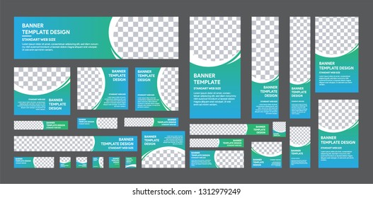 conjunto de banner web de tamaño estándar con un lugar para las fotos. Plantilla vertical, horizontal y cuadrada con color blanco y verde degradado a azul