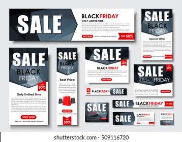 Set Web banner standard size for the site. Templates for sale, Black Friday. Design a polygon on an abstract background, ribbons. Vector illustration