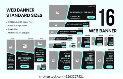 Set of web banner standard sizes, medical services web set banner template design for social media posts