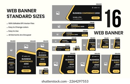 Set of web banner standard sizes template for social media posts, creative business conference banner design, vector eps file