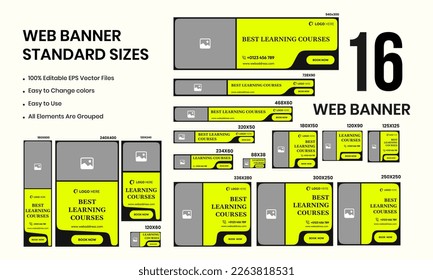 Set of web banner template design for social media posts, education courses web bundle standard sizes banner, vector eps file