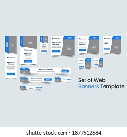 Set of Web Banner Template in multiple sizes. Templates with place for photo and diagonal stripes and button. Vector illustration