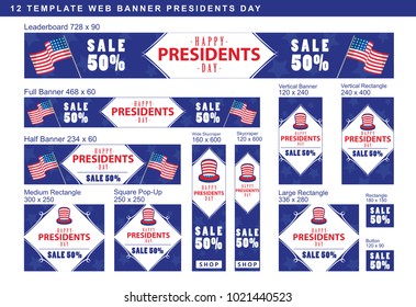 Set of web banner template for Presidents day sale with USA flag decoration. Vector template