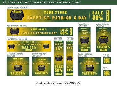 Set of web banner template for St. Patrick's Day sale with pot of money decoration. Vector illustration
