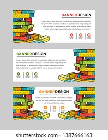 set of web banner templates with brick construction, interlocking toy bricks, building blocks, parts or pieces on white background and place for text. Colorful vector illustration.  games and