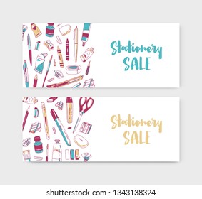 Set of web banner templates decorated by hand drawn stationery, writing utensils, office tools and place for text on white background. Realistic vector illustration for art supplies sale promotion