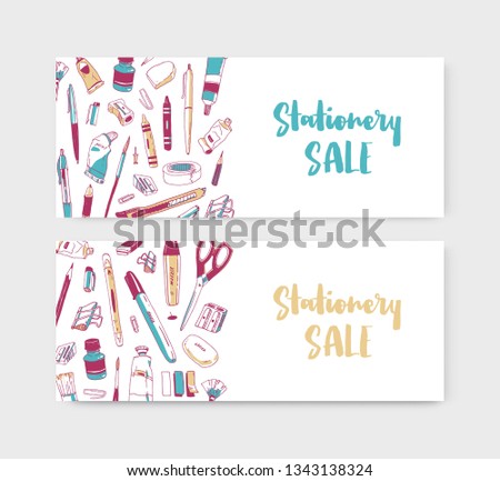 Set of web banner templates decorated by hand drawn stationery, writing utensils, office tools and place for text on white background. Realistic vector illustration for art supplies sale promotion
