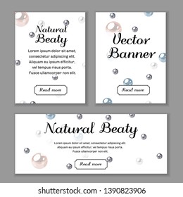 Set of web banner templates. Headlines and text area on white background with dropping pearls.