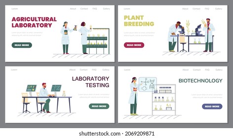 Set of web banner templates with scientists, biologists doing agricultural research in flat vector illustrations isolated. Plant breeding, biotechnology, laboratory research, genetic engineering
