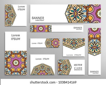 Set of web banner templates for site or blog with geometric abstract shapes, mandala elements. Different sizes. Corporate flat identity mock-up template for your design. Vector collection
