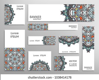 Set of web banner templates for site or blog with geometric abstract shapes, mandala elements. Different sizes. Corporate flat identity mock-up template for your design. Vector collection