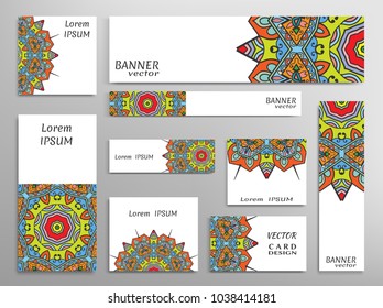 Set of web banner templates for site or blog with geometric abstract shapes, mandala elements. Different sizes. Corporate flat identity mock-up template for your design. Vector collection