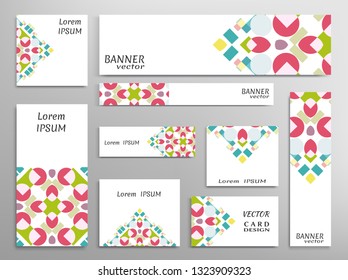 Set of web banner templates for site or blog with geometric abstract shapes. Different sizes. Corporate flat identity mock-up template for your design. Vector collection