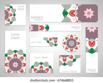 Set of web banner templates for site or blog with geometric abstract shapes, mandala elements. Different sizes. Corporate flat identity mock-up template for your design. Vector collection