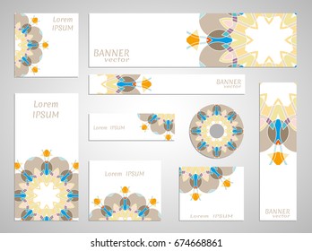 Set of web banner templates for site or blog with geometric abstract shapes, mandala elements. Different sizes. Corporate flat identity mock-up template for your design. Vector collection