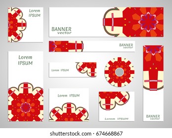 Set of web banner templates for site or blog with geometric abstract shapes, mandala elements. Different sizes. Corporate flat identity mock-up template for your design. Vector collection