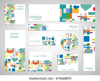 Set of web banner templates for site or blog with geometric abstract shapes. Different sizes. Corporate flat identity mock-up template for your design. Vector collection